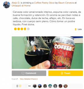 Ejemplo de comentarios acerca de Coffee Pastry Stout en nuestro perfil UNTAPPD